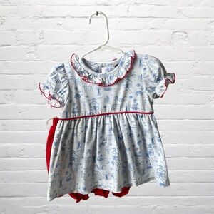 Banana Split // Girls School Yard Blue and White Top with Red Shorts and Ruffles